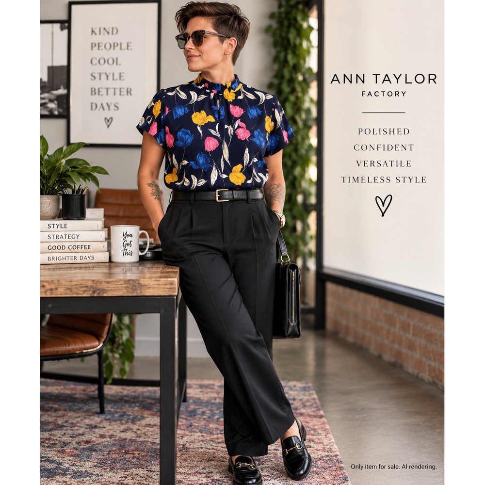 Ann Taylor Factory XL Floral Short Sleeve Top Navy Blue Ruffle Neck Blouse